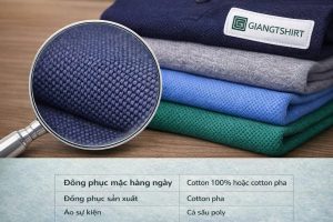 2️⃣ Vải cotton pha (CVC, TC) Ưu điểm: Giữ form tốt Ít nhăn, ít xù lông Giá thành hợp lý Nhược điểm: Độ thoáng mát kém hơn cotton 100% Phù hợp với: Doanh nghiệp sản xuất Nhân sự mặc đồng phục cả ngày Các đơn hàng số lượng lớn 👉 Đây là loại vải được sử dụng nhiều nhất trong may áo polo đồng phục hiện nay.